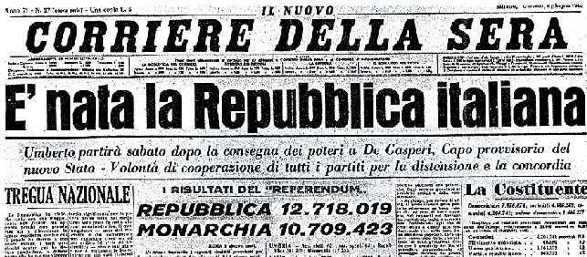 Immagine della prima pagina del Corriere della Sera del giugno 1946