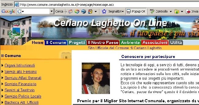 Immagine della pagina iniziale del sito internet di Ceriano Laghetto
